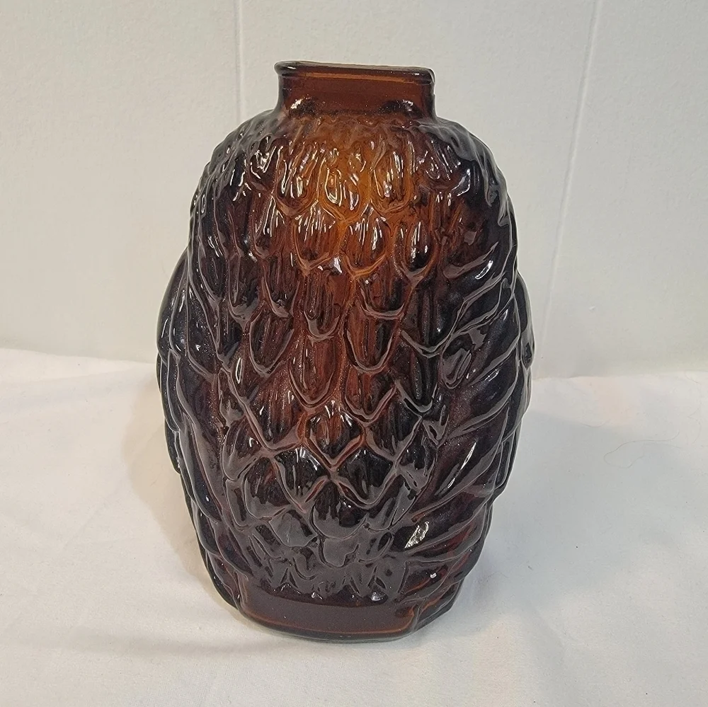 Vintage Embossed Libbey of Canada Wise Old Owl Amber Glass Piggy Bank